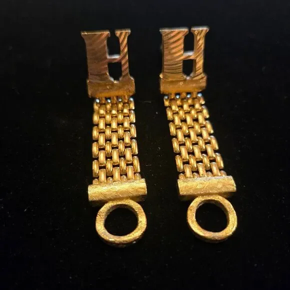 Vintage H Monogram Gold Tone Chain Cuff Links 70s - Picture 2 of 7